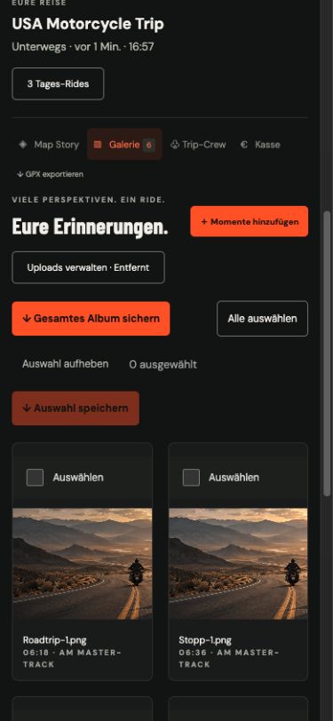 Ride Story Demo: gemeinsames Album mit ausgewählten Bildern und Download-Möglichkeiten