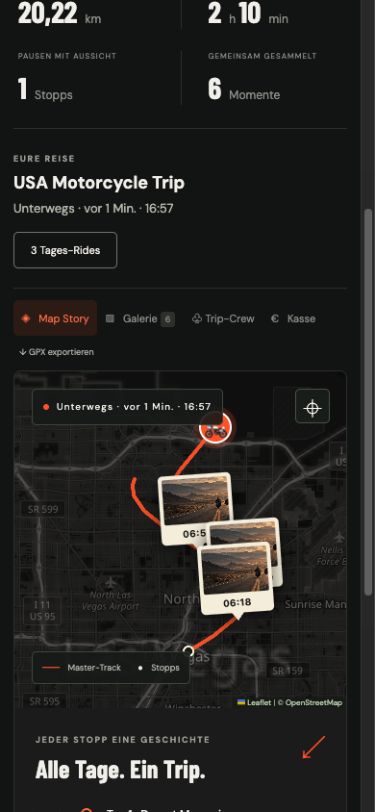 Ride Story Demo: Kartenansicht mit Route und zugeordneten Reisemomenten